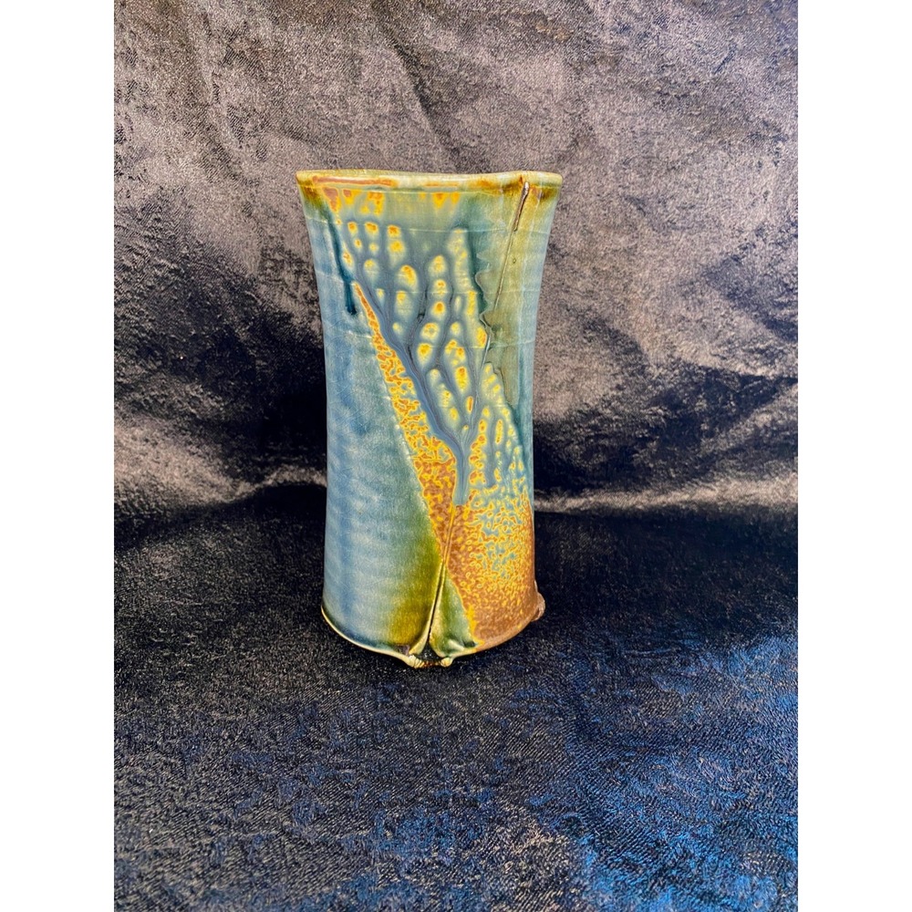 Mid 20th Century Art Pottery Blue Brown Sand Stoneware Vase